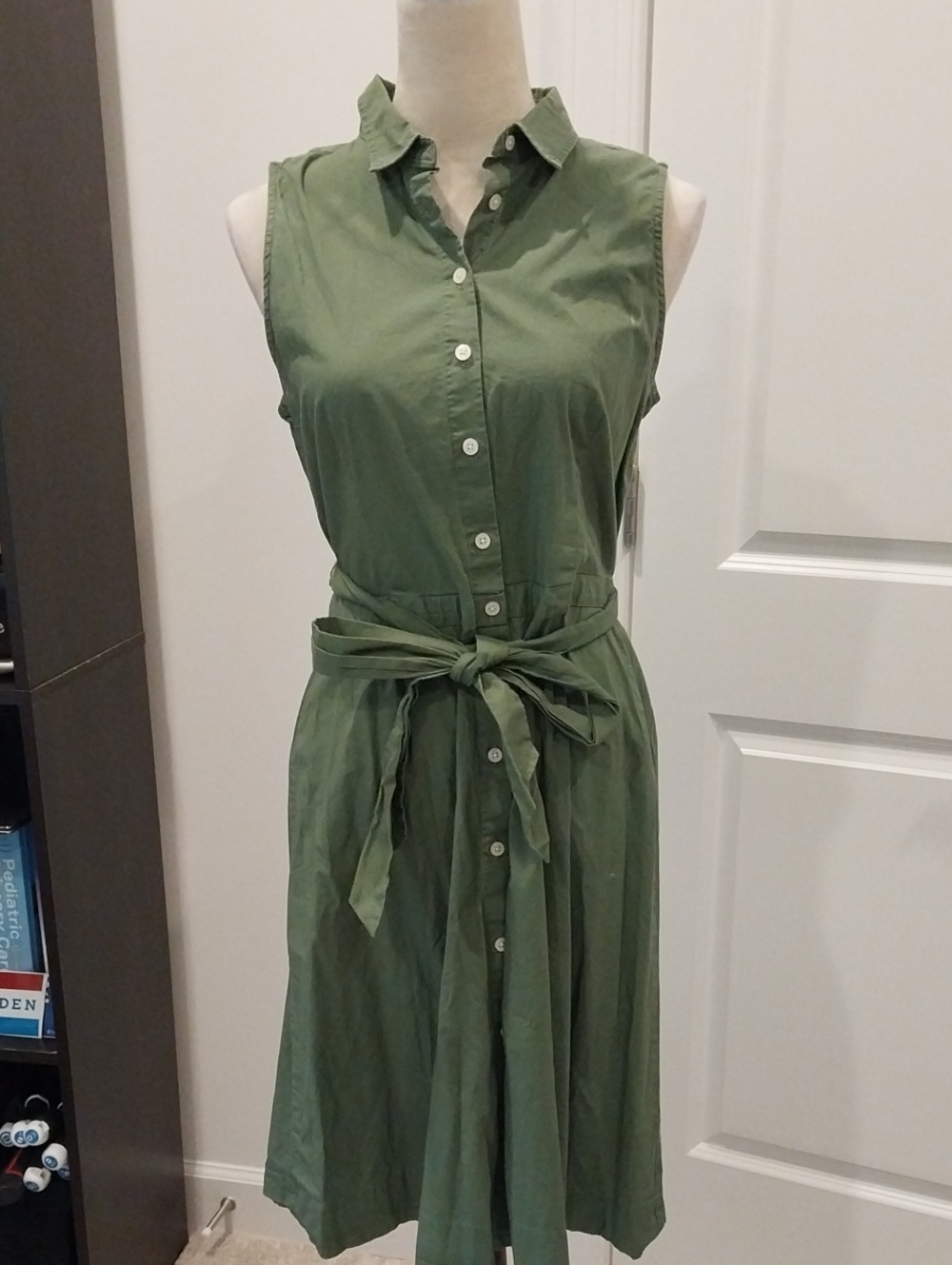 J. Crew Olive Sleeveless Button-Front Midi Dress with Waist Tie